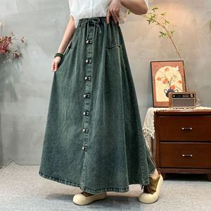 <span class=keywords><strong>2025</strong></span> automne décontracté a-ligne taille haute évasée longue Maxi dames taille ceinture bouton poches ample Denim jean jupe pour les femmes - Product Image 4