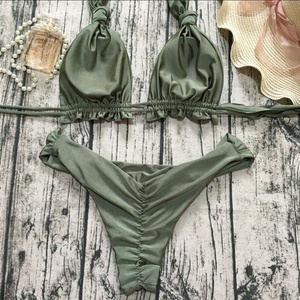 Ensemble 2 pièces sexy à découpes, maillot de bain uni à séchage rapide avec string en V, bretelles à nouer, vêtements de plage, bikini sexy à armatures pour femme - Product Image 5