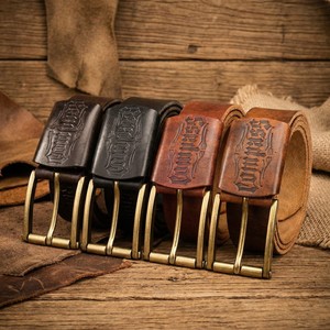 <b>Vintage</b> Genuine Leather <b>Belt</b> Cow Hide With Letter Print Brass Pin Buckle Rectangular Casual Style Durable Handmade - Product Image 1