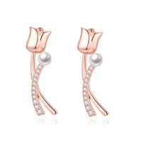 Boucles d'oreilles clous fantaisie en argent sterling 925 plaqué or rose, motif tulipe coquillage et perles d'imitation, pour femme