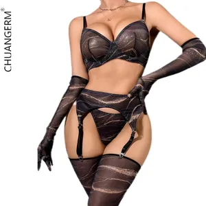 CHUANGERM In Stock 2024 New Lingerie Mesh See-Through Halo Dyeing Gloves Leg Socks Garters Mature Women In Sexy Lingerie