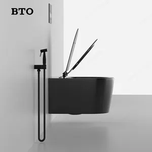 BTO Sanitary Ware Ceramics Bathroom Wallhung Toilet Matte Black Rimless P-trap Wall Hung Toilet