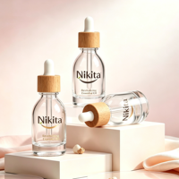 Flacon compte-gouttes rond en verre de luxe 30ml 50ml, flacon vide transparent pour sérum et huile essentielle avec bouchon compte-gouttes en bois pour emballage cosmétique