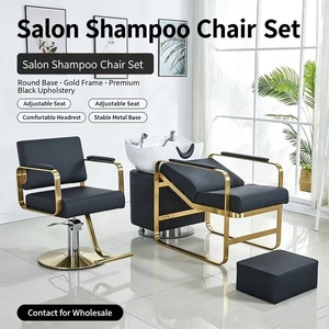 k Modern Salon Shampoo Chair Set Adjustable Barber Chair Black Upholstered Hair Washing Chair Gold Frame - Product Image 1