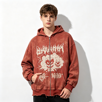 Sweat à capuche zippé rouge rouille vieilli, imprimé Kornit DTG motif Clown Explosion, style streetwear, coupe ample