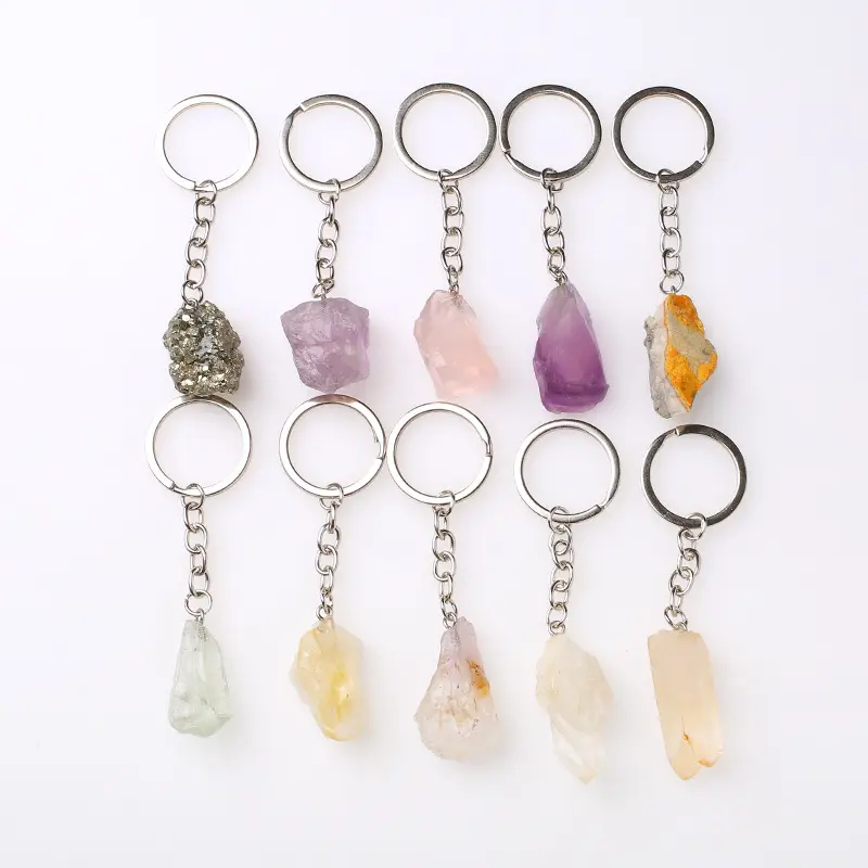 Pierre précieuse naturelle pierre brute cristal de guérison Quartz rose porte-clés mode charme cristal pendentif porte-clés pour cadeau