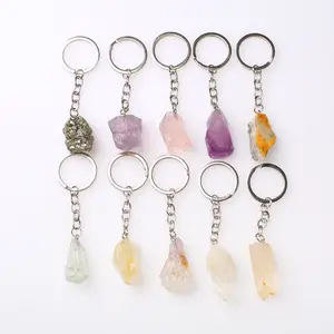 Natural Gemstone Raw stone Healing Crystal Rose Quartz Keyring Fashion Charm Crystal Pendant Holder Keychain for Gift