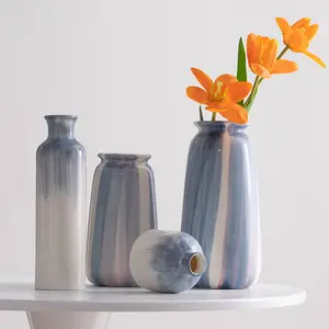 Минималистская Цветочная композиция, ручная роспись, синяя керамическая декоративная фарфоровая ваза, украшения