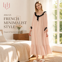 Chemise de nuit élégante à volants et manches longues pour femme, en coton lavé vintage, grande taille, respirante, avec logo personnalisé
