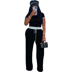Ensemble 2 pièces décontracté pour femme : haut côtelé à col rond et manches courtes avec pantalon, couleurs contrastées, style urbain et tendance - Product Image 5
