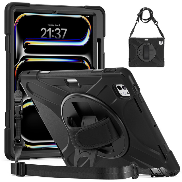 For iPad Pro13 2024 Shockproof Tablet Protective Case M4 with Silicone Strap+PC 360 Degree Rotation Kickstand Anti Drop Case