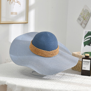 卸売ファッションミックスカラー女性用夏ワイドブリムストローハー外サンプルーフビーチバケーション2トーン紙ストローフロッピー帽子Fo - Product Image 5