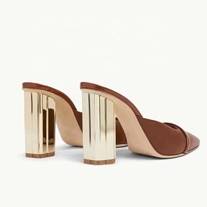 Genuine Leather Women Chunky Heels Mules Custom Logo on Summer Sandals Pointy Toe <b>Slides</b> Shoes Ladies Slippers Pumps - Product Image 5