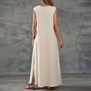 <span class=keywords><strong>Robe</strong></span> d'été élégante sans manches à col en V pour femmes avec fente latérale à paillettes tissu en mousseline de soie chic taille naturelle lavable - Product Image 2