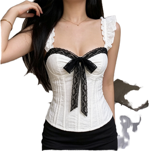 Women's White <b>Corset</b> <b>Top</b> Black Lace Bow Sweet Flutter <b>Sleeve</b> Sleeveless Cami Tank <b>Top</b> Breathable Cute Spring Summer Casual - Product Image 1