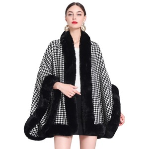 Hiver Femmes Lapin Fourrure Trim <span class=keywords><strong>Pied</strong></span> <span class=keywords><strong>de</strong></span> <span class=keywords><strong>Poule</strong></span> Cape Châle Laine Fausse Fourrure <span class=keywords><strong>Poncho</strong></span> - Product Image 5