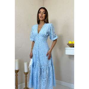 Vestido Azul Celeste con Corte en A y Aberturas, Cuello Redondo, Cintura Natural, Tejido de Tela, Uso Diario Informal - Product Image 3