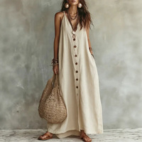 Robe longue décontractée d'été pour femme, grande taille, sans manches, col en V, boutonnée sur le devant, coupe trapèze, couleur unie, pour dropshipping Shopify