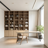 Bibliothèque murale élégante de style Japandi avec étagères en grille de chêne naturel, bureau autonome minimaliste, espace d'étude unifié