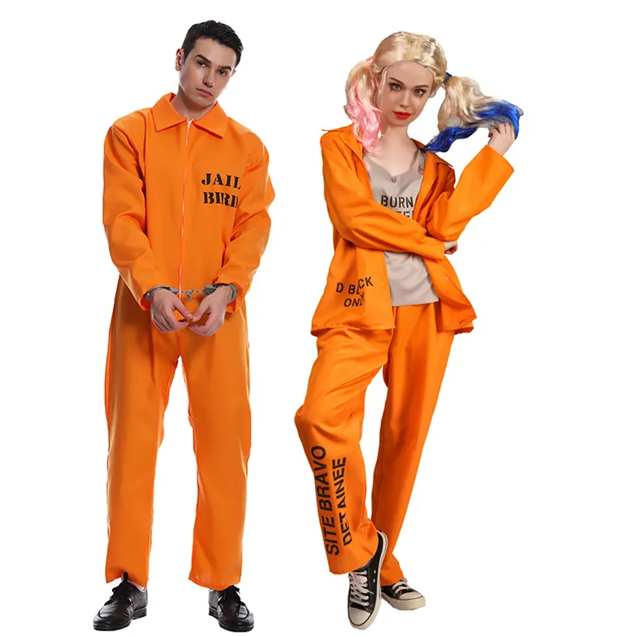 طقم بدلة تنكرية للسجناء باللون البرتقالي لتزيين حفلات الهالوين يناسب الأزواج من الرجال والنساء على نمط الرسوم المتحركة