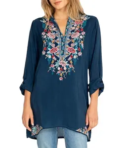 Center Front Keyhole Round neck with Floral Embroidery Roll-tab Long Sleeve Tunic Top ST-2401