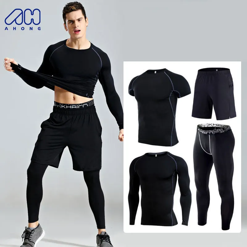 High Quality Sports Fitness Wear Men Gym Wear 4 piece Mens Leggings and Shirts Set Plus Size Workout Training Suits