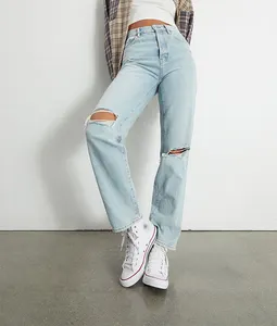 Personalizado de cintura alta desgastado Baggy Dad Jeans Button Fly Relaxed Straight Leg Jeans Boyfriend Ripped Denim Jeans para mujeres