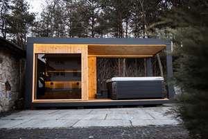 Cabine de sauna extérieure moderne <span class=keywords><strong>avec</strong></span> patio intégré et éclairage LED, extérieur gris sans baignoire - Product Image 3