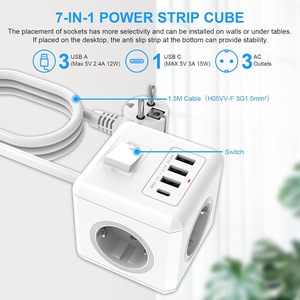 Bloc d'alimentation Antela Power Cube 3 prises CA, 3 ports USB-A, 1 port USB-C, câble de 1,5 m, IP20, ABS, pour bureau et maison, blanc, design sécurisé - Product Image 5