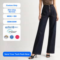 Celana Jeans Wanita SHENGFU Pinggang Tinggi Model Raw Denim Kaki Lebar Kancing Depan Hitam Kasual Modis OEM ODM