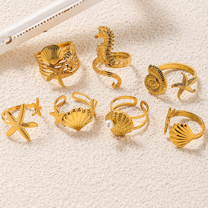 Étanche 18K Plaqué Or Acier Inoxydable Style Océan Étoile De Mer Hippocampe Coquille Ouvert <span class=keywords><strong>Anneau</strong></span> Réglable pour Femmes Bijoux De Mode - Product Image 3