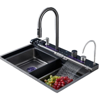 Système d'évier de cuisine intelligent, évier simple en acier inoxydable 304, affichage numérique LED, cascade et lave-gobelets, sous plan