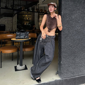 <b>Women</b> American Vintage Black Striped Denim Pants Loose Fit Wide Leg Floor Length Casual Street <b>Jeans</b> - Product Image 6