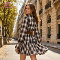 Robe chemise mini à carreaux pour femme, sur mesure, à manches longues, col cranté, taille ceinturée, ourlet à volants, style automne urbain