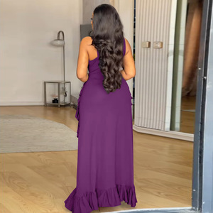 N8084 # เดรสยาวแฟชั่นไซส์ใหญ่สำหรับฤดูร้อน ผู้หญิง สไตล์ลำลอง เปิดไหล่ ไร้สายรัดหลัง คอวี แต่งระบาย ชุดเดรสสายเดี่ยว - Product Image 5