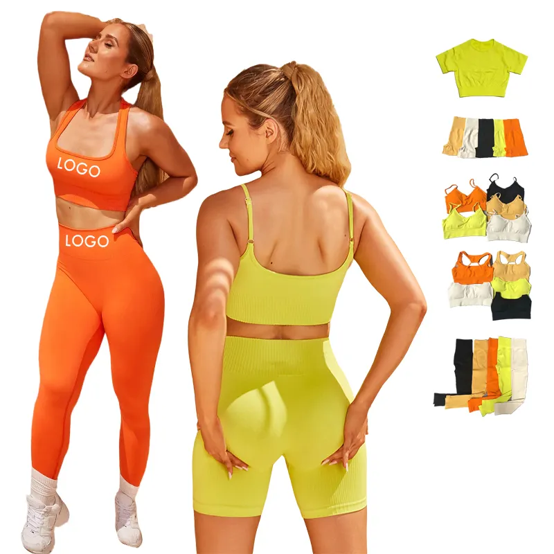 Active Wear butt lift leggings short Fitness Yoga Clothes tank top yellow orange nylon-spandex two piece workout sets for women