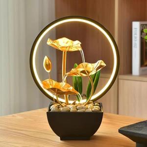 Lampe de bureau à LED avec ornement d'eau courante, base en pierre et design de lotus doré pour la décoration de la maison et du bureau - Product Image 3