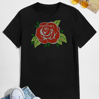 Tempelan Kristal Bling Hot Fix Mawar Merah, Template Strass, Desain Transfer Rhinestone Bunga untuk Kaos dan Gaun