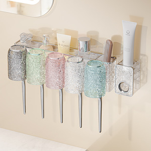 <b>Toothbrush</b> <b>Holder</b> <b>Wall</b> <b>Mounted</b> Suction Cup 4 Cup Storage Rack Bathroom Space Saving - Product Image 4