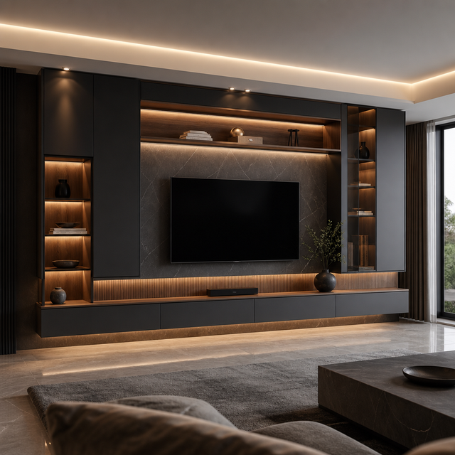 Minimalist Contemporary Wall Mounted Black Plywood Eco-Friendly TV Cabinet Space Saving Luxury Living Room Apartment Use OEM