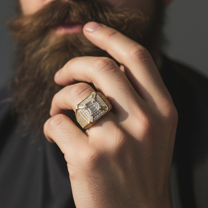 Bague de cocktail de luxe en or jaune avec diamants de laboratoire taille baguette sertis pavé, design géométrique, bijoux pour homme - Product Image 2