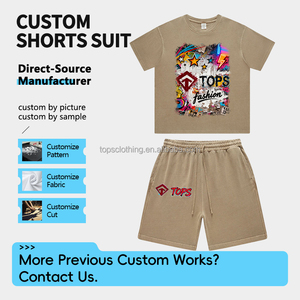 Ensemble T-shirt et short pour <span class=keywords><strong>homme</strong></span> en coton 100% vintage délavé à l'acide, manches courtes, poids lourd - Product Image 2