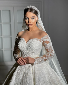 Splendido pizzo pieno A e abiti da sposa 2025 collo trasparente A maniche lunghe strascico abiti da sposa abito da sposa - Product Image 3