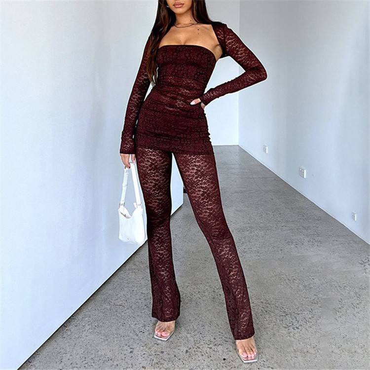 Sexy Lace Pants Sets 3 Pieces Women Crop Full Sleeve Shawl Slim Strapless Tops Hip Package Pant 2025 Spring Lady Elegant Outfits · image 3