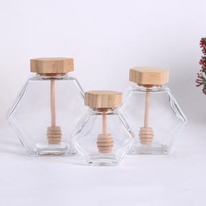 Wholesale Honey Jar <b>Jam</b> Pickle Jelly Food Jar 100ml 220ml 380ml Hot Sale Unique Hexagonal Wood Cap and Sticks Glass Honey Jar - Product Image 2