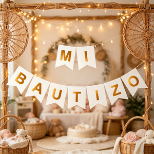 Striscione Rettangolare con Design a Bandiera Guirnalda Mi Bautizo, Lettere Bianche e Oro, 10 Pezzi, 4M, per Feste - Product Image 6