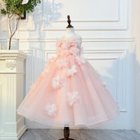 Robe de princesse rose à plumes florales 3D pour enfants, pour mariage, anniversaire, performance au piano, fête formelle, robe tutu