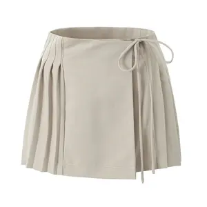 Side lace up khaki color pleated zipper fly casual fashion cotton mini skirt for women