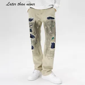 Pantalones vaqueros para hombre con pintura en aerosol colorida de la calle con estilo, pantalones vaqueros desgastados rasgados, pantalones vaqueros de color caqui para hombre, Pantalones masculinos