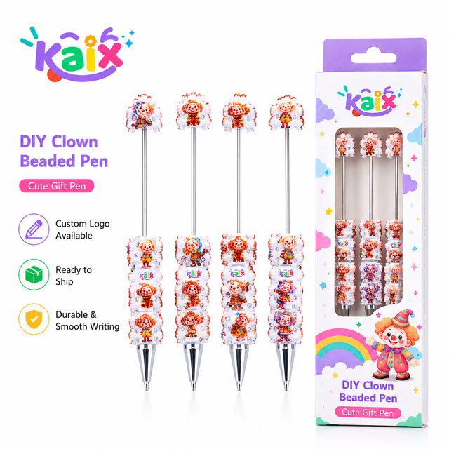 KAIX Stationery Gifts Cute Clown Character Beaded Gel Pens Bulk Rhinestone Handcrafted Clay Bead Pens for Girls